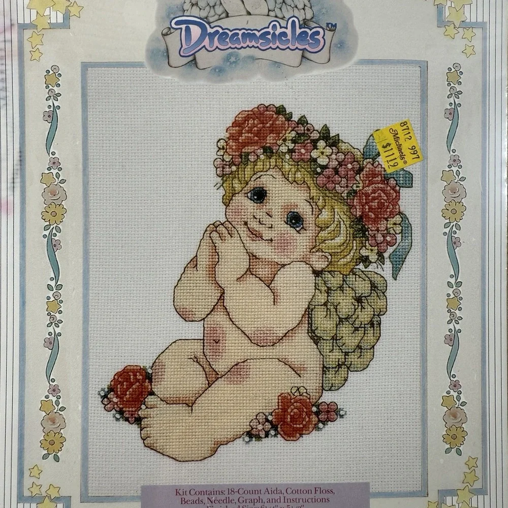 Vtg Dreamsicles Say your Prayers Baby Cherub Angel Counted Cross Stitch Kit NEW